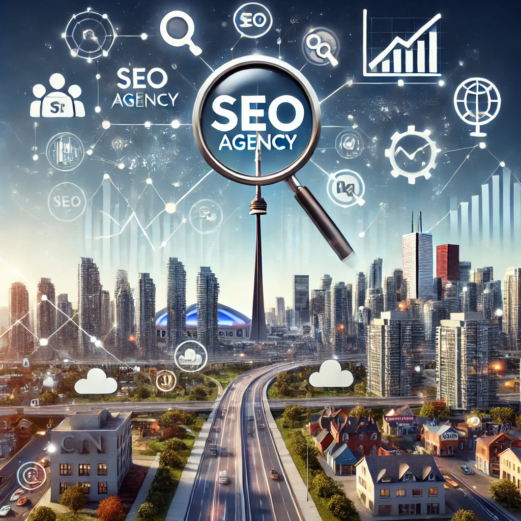 An illustration of Torontos skyline with the CN Tower in the background, featuring digital marketing elements such as a large magnifying glass focusi